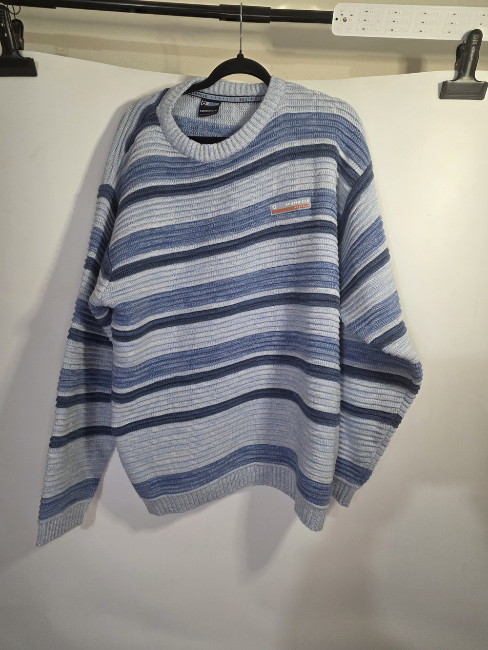 Southpole Men's Light Blue & Navy Striped Crewneck Sweater Size L.